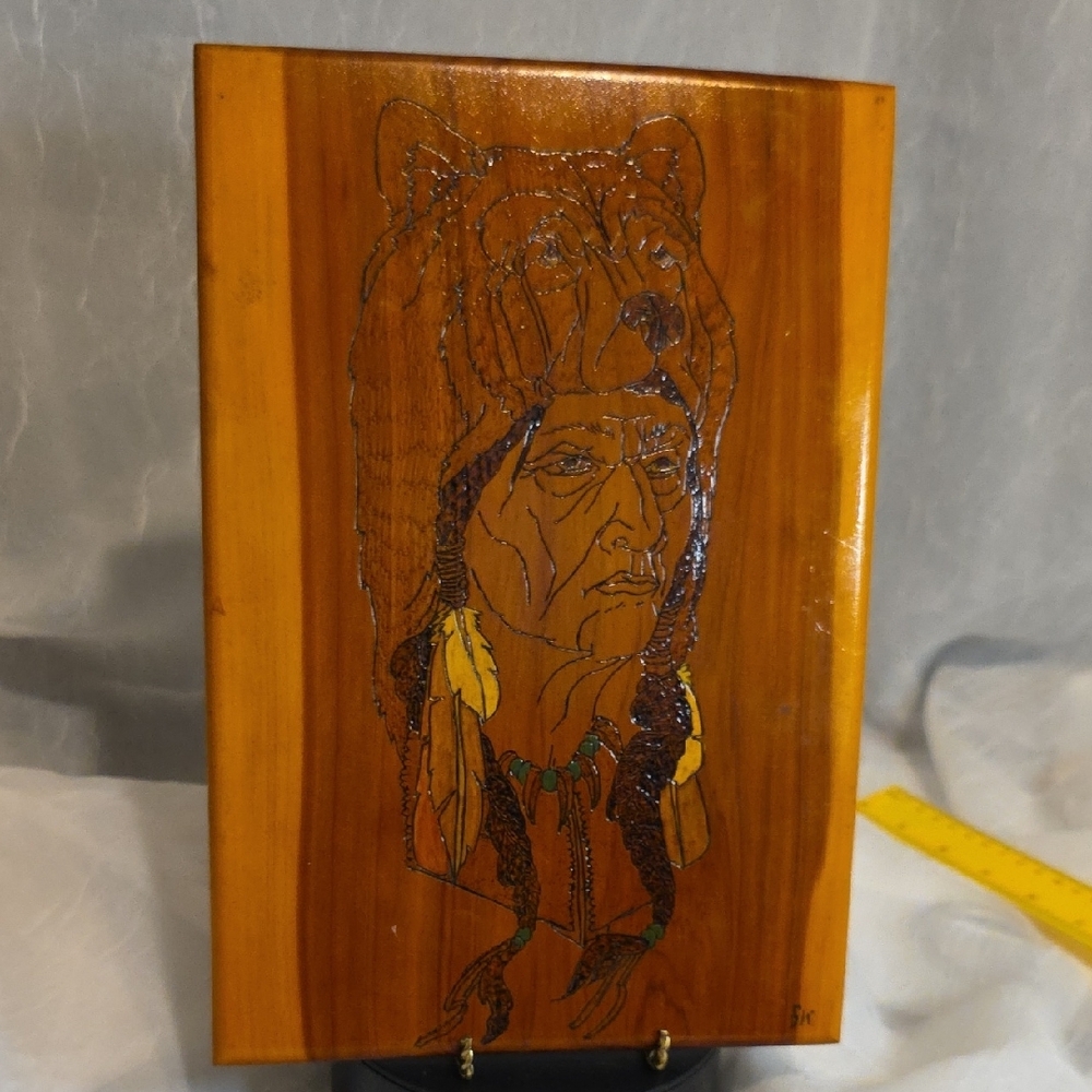 Handcrafted Wooden Art with Native American With Bear Head Dress. - Picture 6 of 11